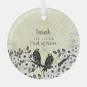 ブリデスメイドベージュアイボリータンレースラブバード結婚ズ ガラスオーナメント (正面)