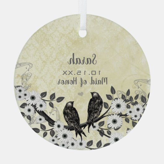ブリデスメイドベージュアイボリータンレースラブバード結婚ズ ガラスオーナメント (裏面)