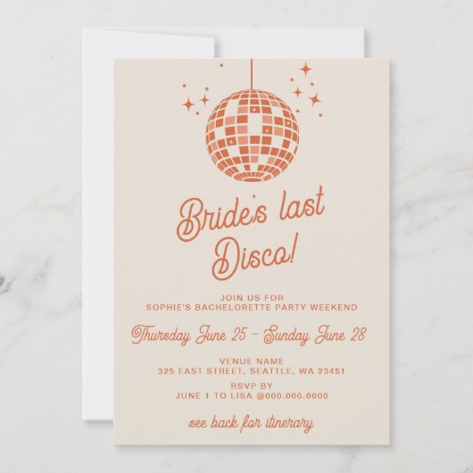 ブリデス最後のディスコの旅程バチェロレッテ 招待状 (正面)