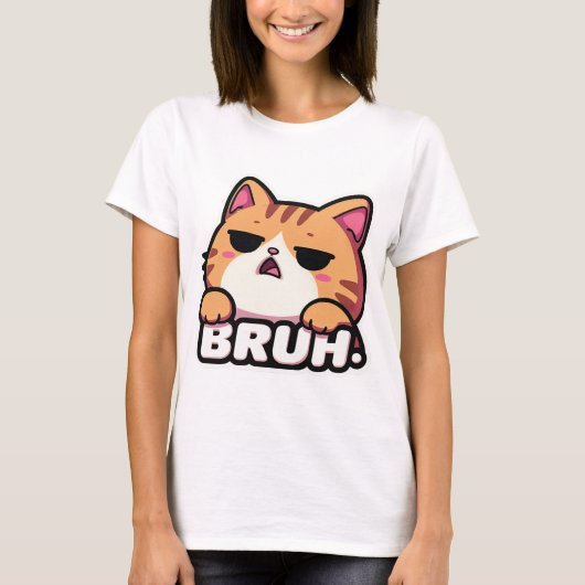 ブリュッと猫のミーム - 興味なさげなトラ猫の顔 Tシャツ (正面)