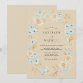 ブリュッシュシャンパン+ブルーの花冠の結婚式 招待状 (正面/裏面)