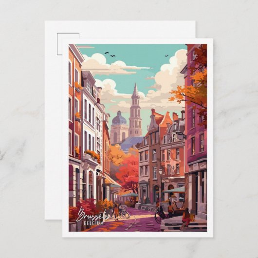 ブリュッセルベルギーアートヴィンテージトラベルイラストレーション ポストカード (正面/裏面)