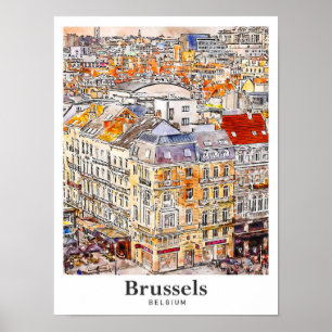 ブリュッセルベルギー旅行水の色の手描き ポスター