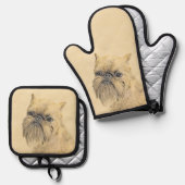 ブリュッセル絵を描グリフォン赤ざらめかわいいドッグアート 鍋つかみ&鍋敷きセット (正面/裏面)