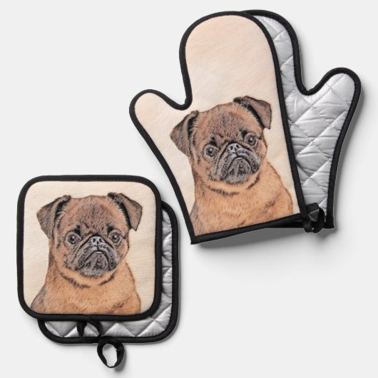 ブリュッセル絵を描グリフォン赤なめらかな可愛いドッグアート 鍋つかみ&鍋敷きセット (正面/裏面)