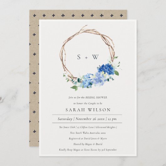 ブリリアムブルーフローラリースブライダルシャワー招待状 サンキューカード (正面/裏面)