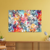ブリリアントオレンジピンクとティール(緑がかった色)抽象芸術フローラ キャンバスプリント (インサイチュ (リビング))