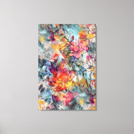 ブリリアントオレンジピンクとティール(緑がかった色)抽象芸術フローラ キャンバスプリント