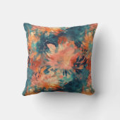 ブリリアントコーラルとティール（緑がかった色）抽象芸術フローラ クッション (裏面)