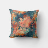 ブリリアントコーラルとティール（緑がかった色）抽象芸術フローラ クッション (正面)