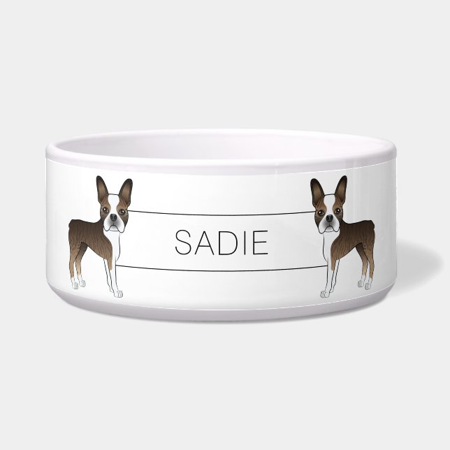 ブリンドルボストンテリア漫画の犬とカスタム文字 ボウル (正面)