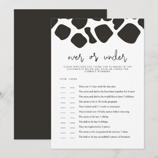 ブリンドル 牛柄 オーバーアンダー ベビーシャワー ゲーム カード (正面/裏面)