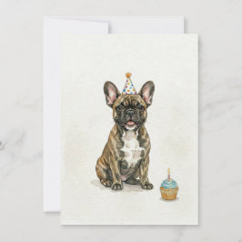 ブリンンドルフレンチブルドッグの誕生日パーティーハットカップケーキ 招待状