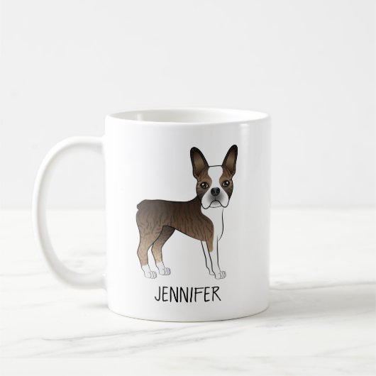 ブリンンドルボストンテリアかわいい漫画の犬と名前 コーヒーマグカップ (左)
