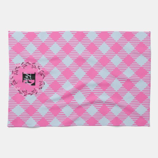 「ブリーズブルー、ホットピンク」ギンガムカスタマイズ キッチンタオル (横)