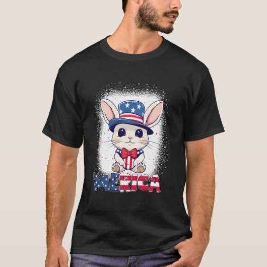 ブリーチした愛国うさぎ 7月4日 花火 Tシャツ (正面)