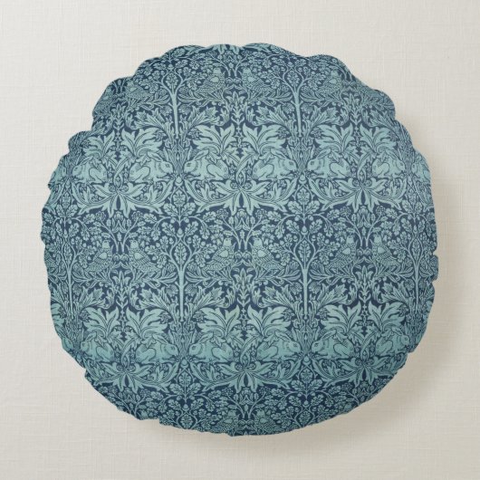 ブリールウサギbyウィリアム・モリス青いテキスタイルパターン ラウンドクッション (正面)