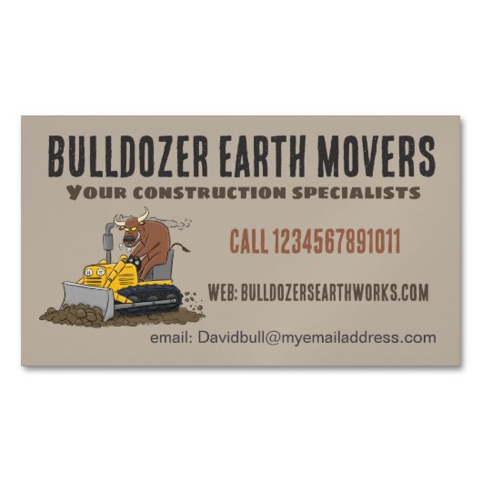 ブルおもしろいドライビングブルドーザー建築事業 マグネット名刺 (正面)