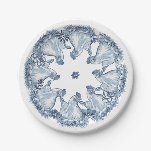 ブルお洒落ーヘンチキン、ネストウォーターカラーデルフト ペーパープレート (正面)