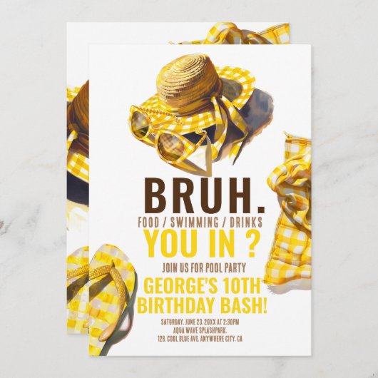 ブルイエロープールパーティーボーイ誕生日招待状 招待状 (正面/裏面)