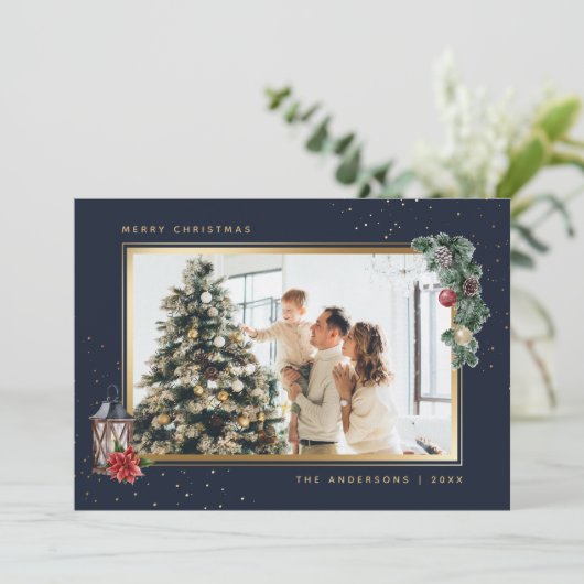 ブルエレガントーウォーターカラーフォトクリスマスカード シーズンカード (スタンド正面)