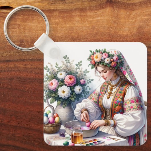 ブルガリアのイースターウォーターカラーウィメンフラワーエッグ キーホルダー (正面)