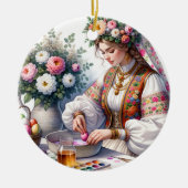 ブルガリアのイースターウォーターカラーウィメンフラワーエッグ セラミックオーナメント (正面)