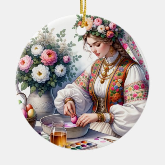 ブルガリアのイースターウォーターカラーウィメンフラワーエッグ セラミックオーナメント (正面)