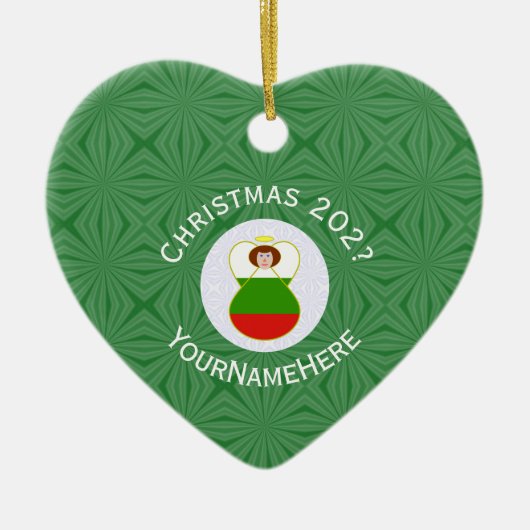ブルガリアのエンジェルクリスマスの名前の年ハート セラミックオーナメント (正面)