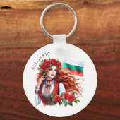 ブルガリア国旗の伝統民俗女性レッドローズ キーホルダー (正面)