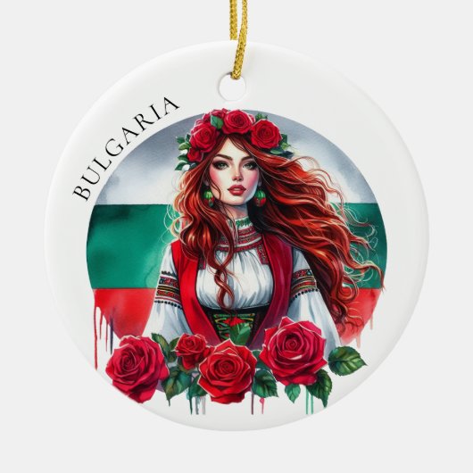ブルガリア国旗の伝統民俗女性レッドローズ セラミックオーナメント (正面)