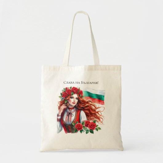 ブルガリア国旗の伝統民俗女性レッドローズ トートバッグ (正面)