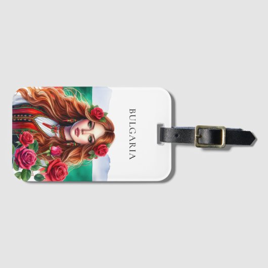 ブルガリア国旗の伝統民俗女性レッドローズ ラゲッジタグ (正面横)