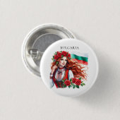 ブルガリア国旗の伝統民俗女性レッドローズ 缶バッジ (正面&裏面)