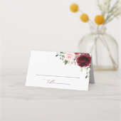 ブルガンディの花、ピンクの花、グリーン、ウェディング プレイスカード (正面)