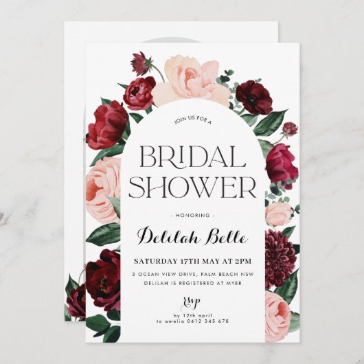 ブルガンディアーチフローラブライダルシャワー招待 招待状 (正面/裏面)