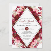 ブルガンディウォーターカラーフローラカップルウェディングシャワー 招待状 (正面)