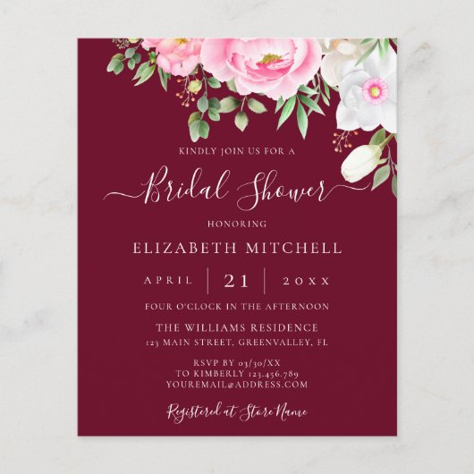 ブルガンディウォーターカラーフローラブライダルシャワー招待状 (正面)