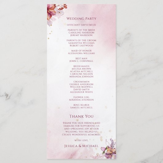 ブルガンディウォーターカラー秋ブーケエレガントな結婚式 プログラム (裏面)