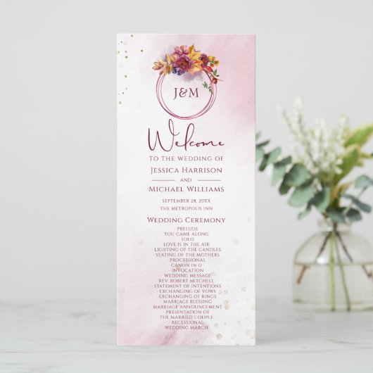 ブルガンディウォーターカラー秋ブーケエレガントな結婚式 プログラム (スタンド正面)