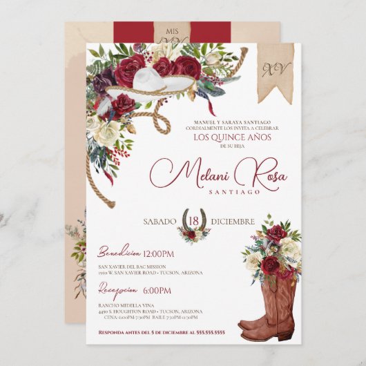 ブルガンディエレガントホワイトチャスペインのーロキンセニェラ 招待状 (正面/裏面)