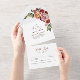 ブルガンディオレンジアンドピンクフローラシック秋 オールインワン招待状