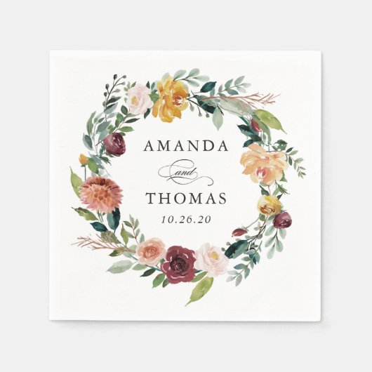 ブルガンディオレンジオータム秋フローラ結婚リース スタンダードカクテルナプキン (正面)