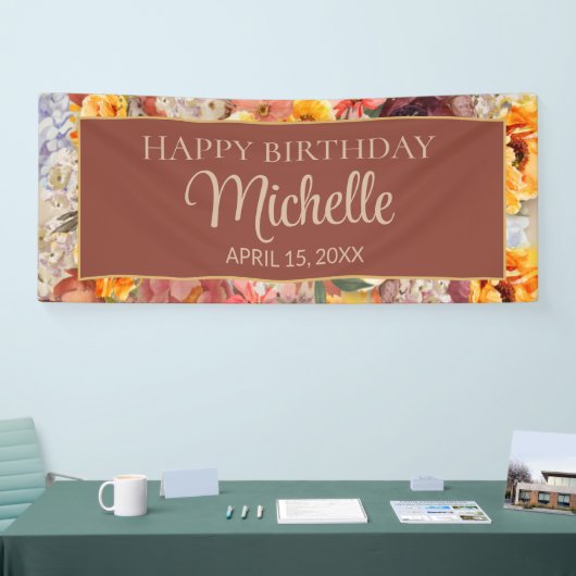 ブルガンディオレンジクリームフローラハッピーバースデー名 横断幕 (トレードショー)