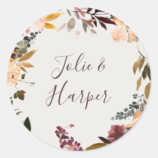 ブルガンディオレンジフローラベージュ結婚ズ封筒用シール ラウンドシール (正面)