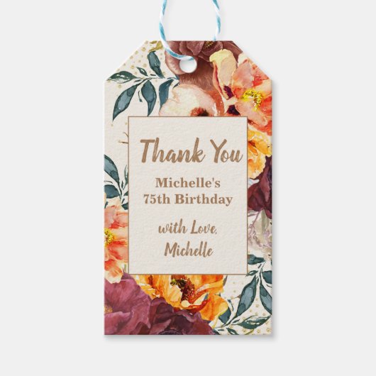 ブルガンディオレンジフローラ金ゴールドグリッター75th誕生日 ギフトタグ (正面)