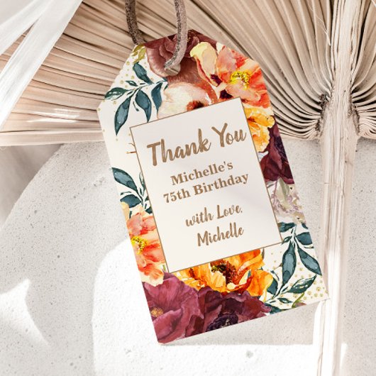 ブルガンディオレンジフローラ金ゴールドグリッター75th誕生日 ギフトタグ