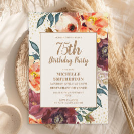 ブルガンディオレンジフローラ金ゴールドグリッター75th誕生日 招待状