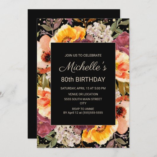 ブルガンディオレンジフローラ金ゴールドブラック0th誕生日 招待状 (正面/裏面)