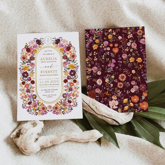 ブルガンディオレンジ秋ワイルドフラワー庭園の結婚式 招待状